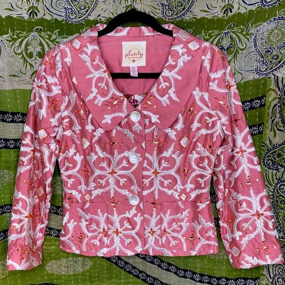 NWOT Y2K Plenty by Tracy Reese x Anthropologie Pink Silk Beaded Blazer Size 4 - Picture 1 of 15